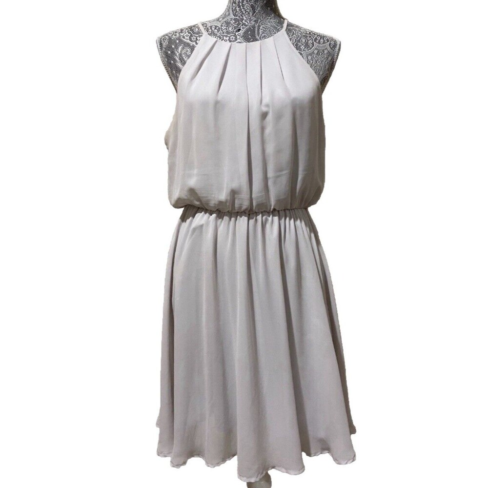 Lush Womens L Gray Chiffon Halter Mini Dress Pleated Blouson Party Cocktail Gown - Picture 14 of 16